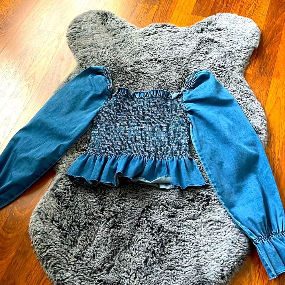 Mebon Puff Shoulder Long Sleeve Jean blue smocked Top